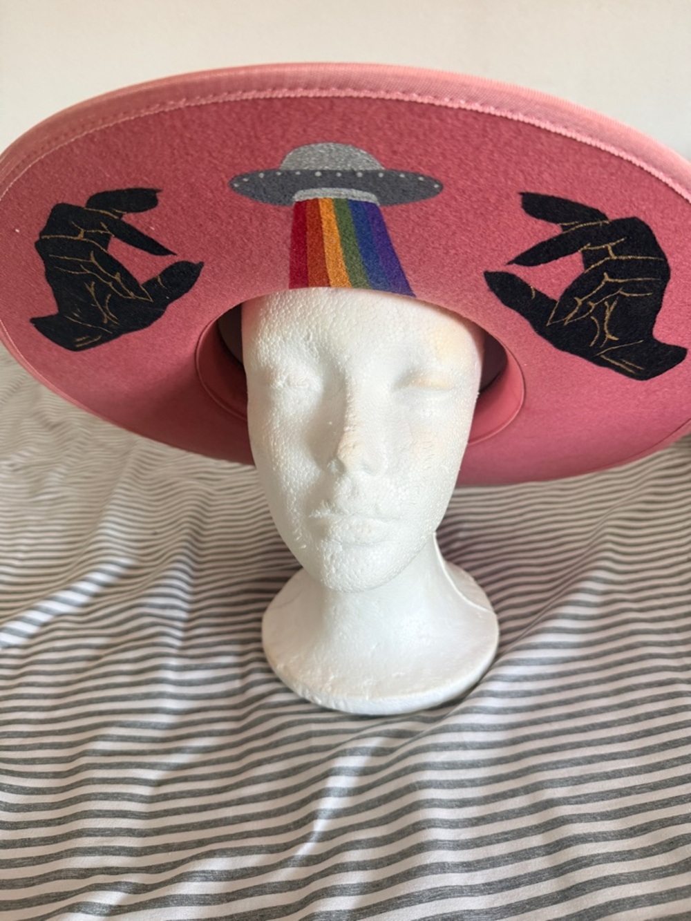 Custom Hand Painted Wide-Brim Pink Felt Hat with Rainbow UFO  Graphics